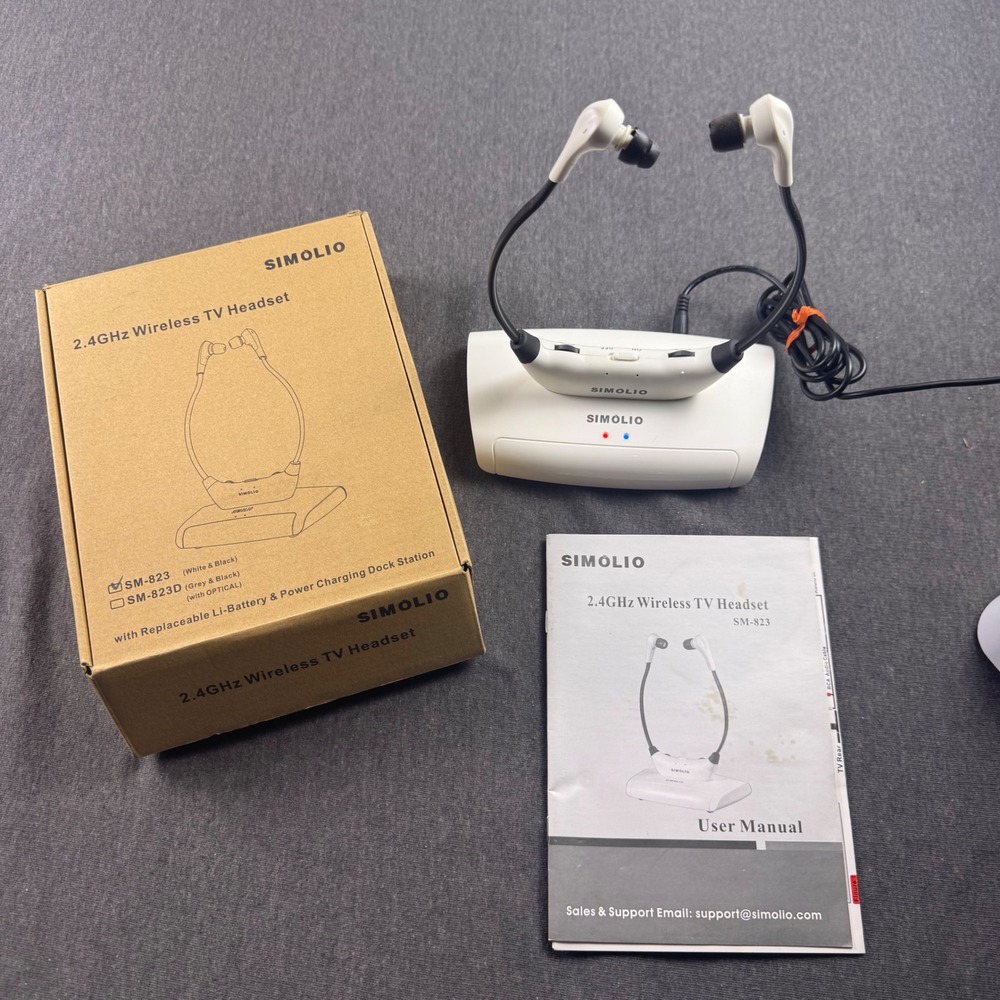 Simolio SM-823 Wireless TV Headset‎ with Charging Dock Station White Black
